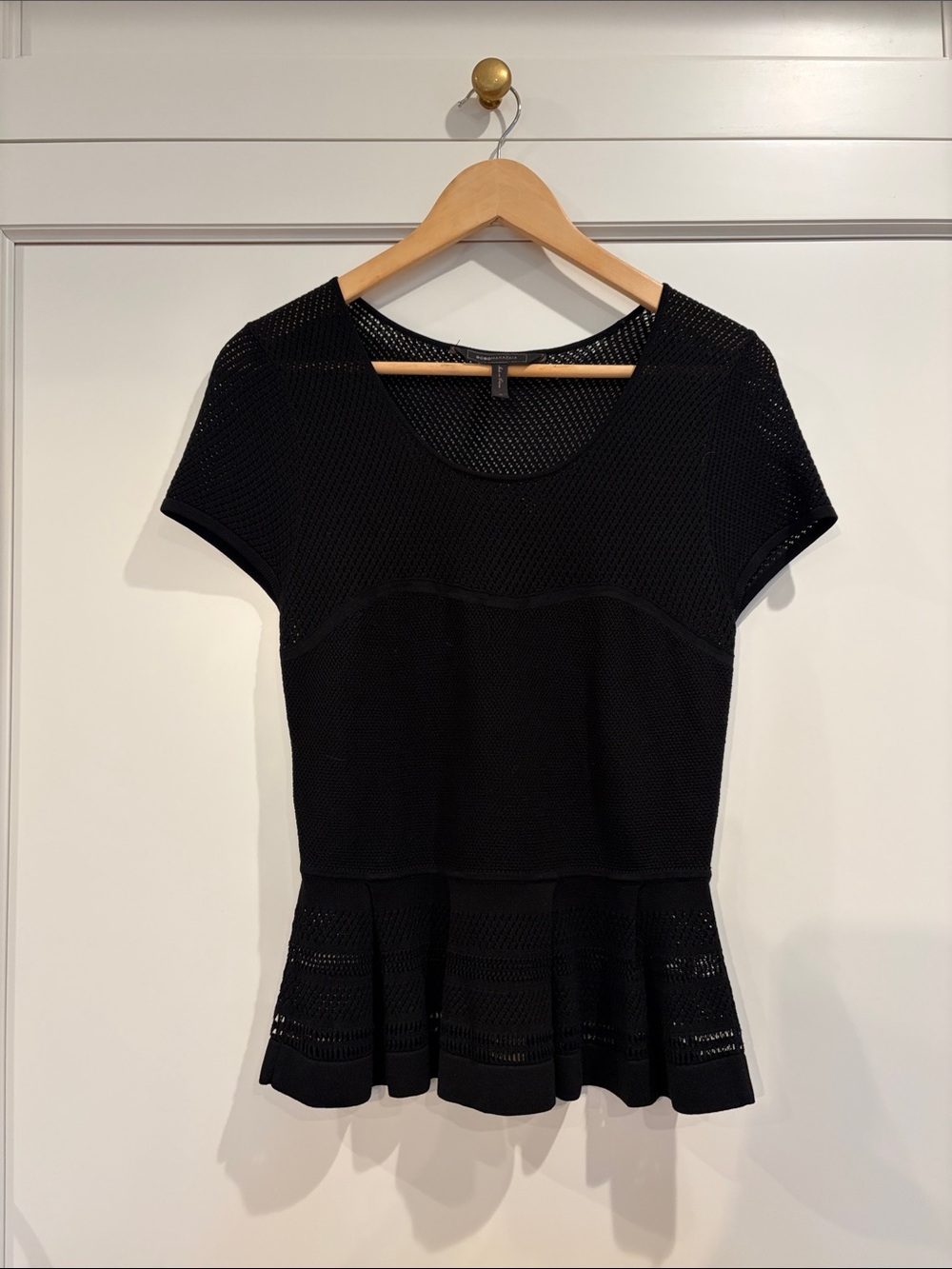 BCBGMaxAzria Black Knit Peplum Short-Sleeve Top